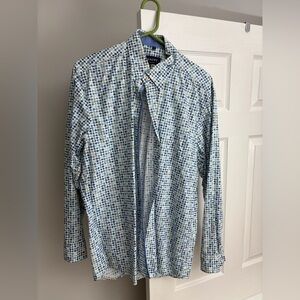 HAUPT Men’s Regular Fit Button-Down Shirt L 41/42 (16½) – Blue Green Dot Print